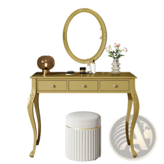 Gold Makeup Vanity Desk with Oval Mirror and 3 Drawers