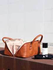 Large Tan Pu Leather Travel Makeup and Toiletry Organizer