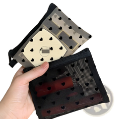 Mesh Makeup Bag with Black Heart Polka Dot Pattern