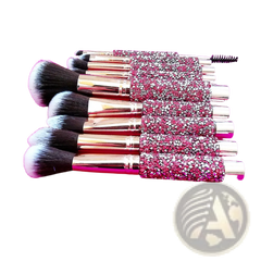 Rhinestone Makeup Brush Set with Bag 10 Piece Pink