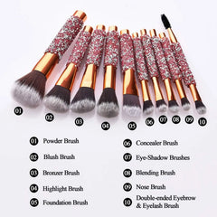 Rhinestone Makeup Brush Set with Bag 10 Piece Pink