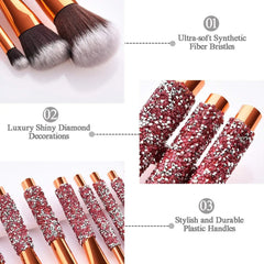 Rhinestone Makeup Brush Set with Bag 10 Piece Pink
