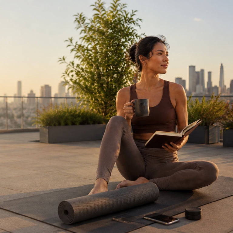 Woman sitting on a rooftop with a cityscape view, holding a mug and reading a book.
