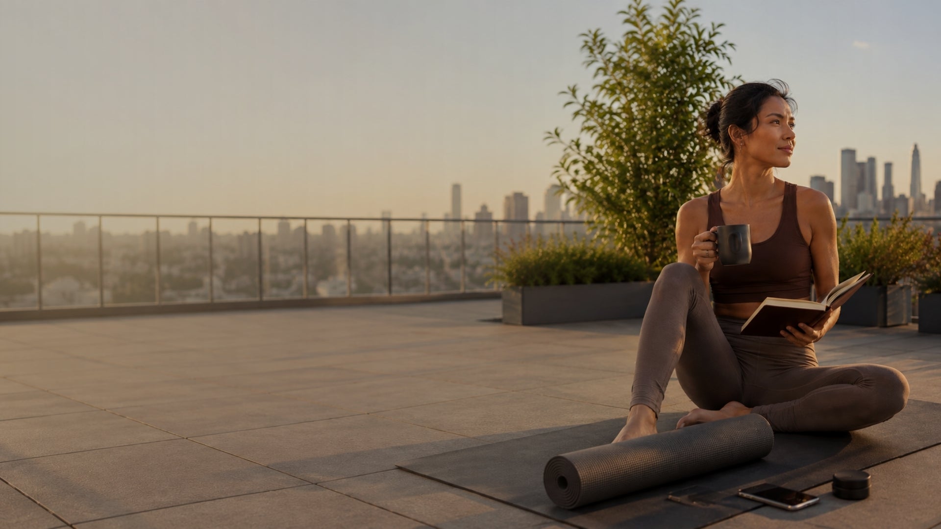 Woman sitting on a rooftop with a cityscape view, holding a mug and reading a book.