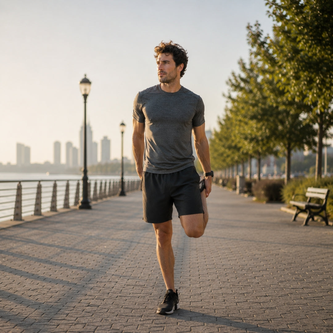 Man stretching on a path by a waterfront with trees and city skyline in the background