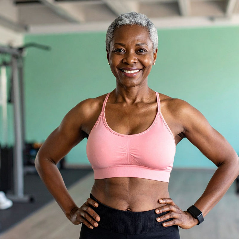 Woman in a pink sports bra and black leggings standing in a gym.